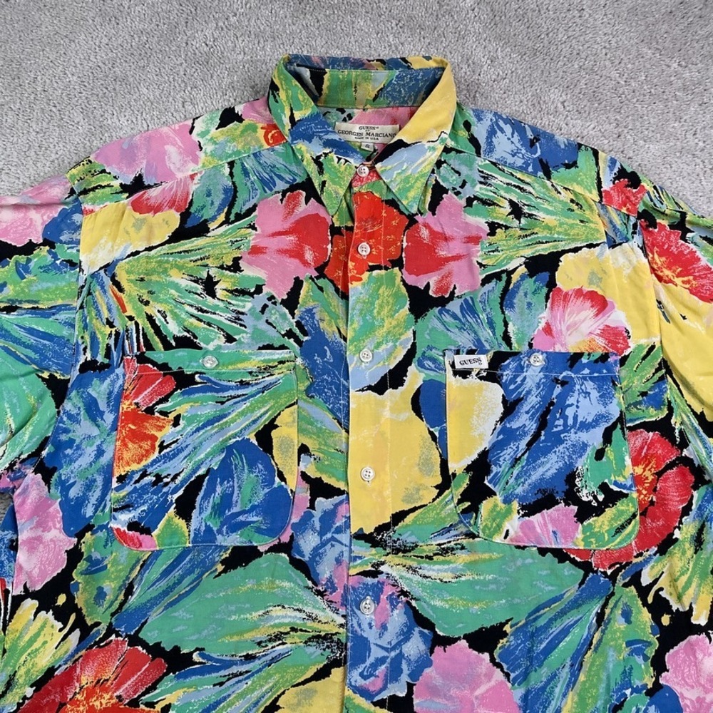 Vintage GUESS Shirt Mens Small Floral Georges Marciano‎ Made in USA Button Up